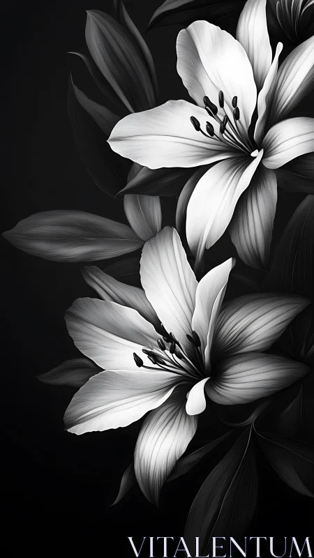 Black and White Lily Flowers Against Dark Background