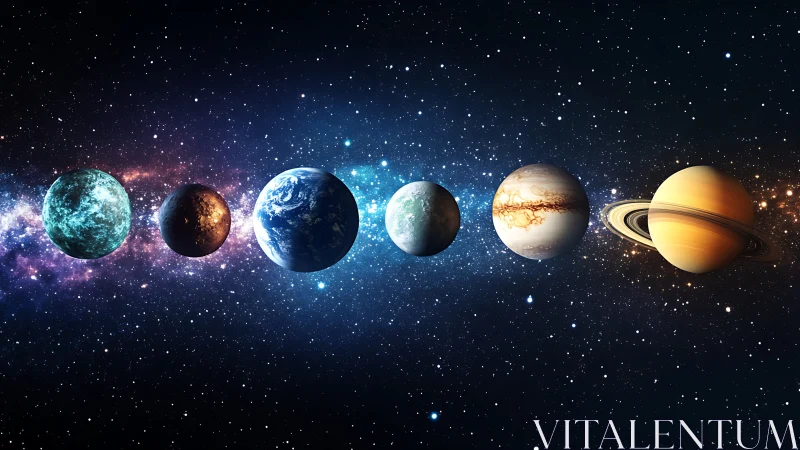 Row of stylized planets aligned against dense star field.