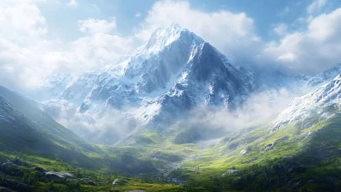 Snowcapped peak above green valley under soft clouds.