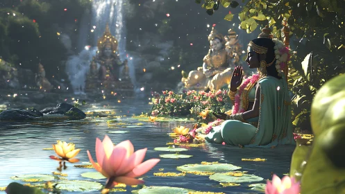 Digital painting of serene goddess meditation in lotus cascade garden.