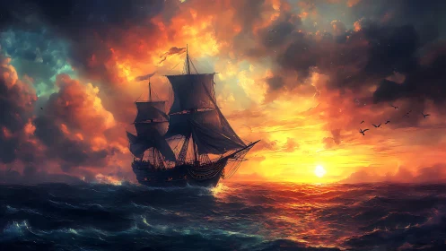 Majestic tall ship sails through a blazing sunset seascape.