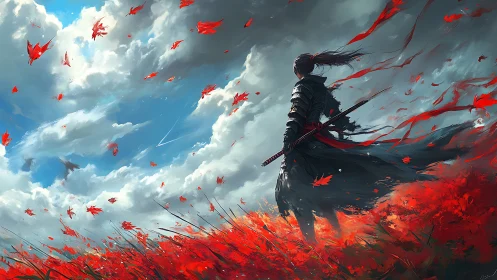 Lone warrior in red flower fields under storm-bright sky.