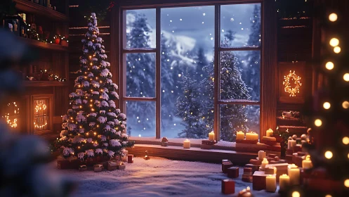Snowlit Christmas tree glows inside cozy winter cabin room