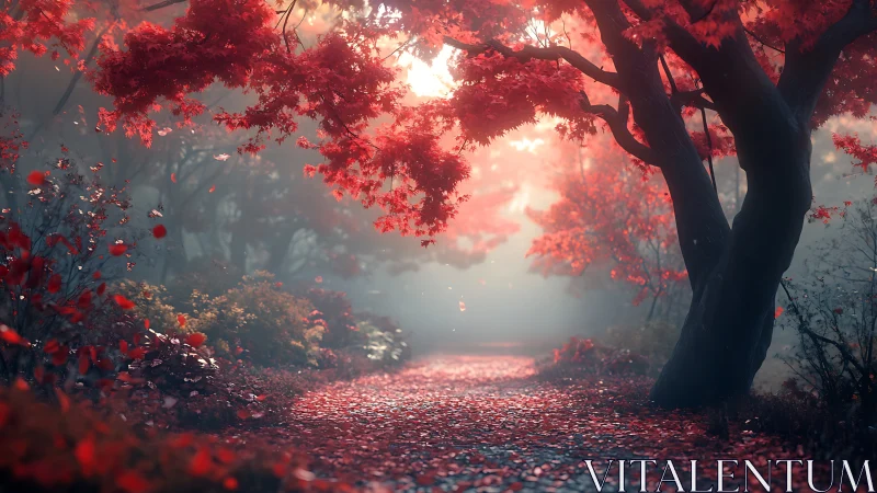 Red autumn forest path with glowing mist and falling leaves
