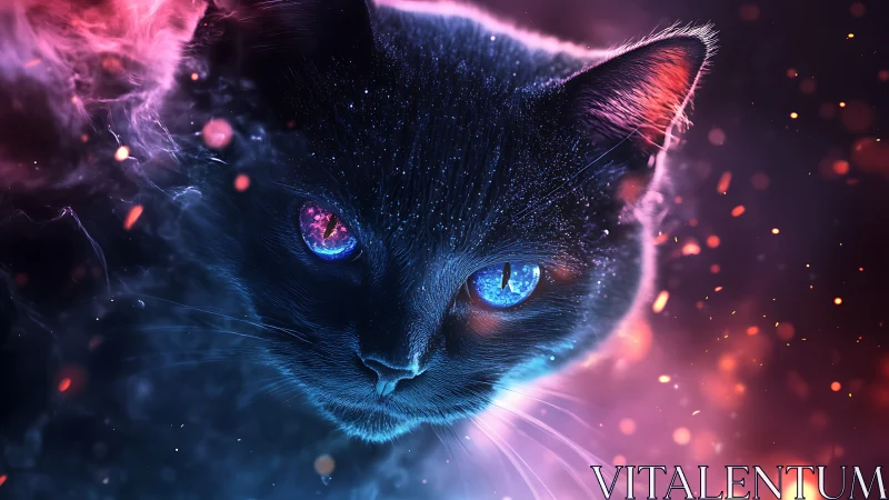 Stylized cat portrait with luminescent features against dark background