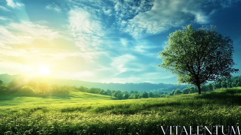 Morning sunlight pours over a peaceful green meadow and lone tree