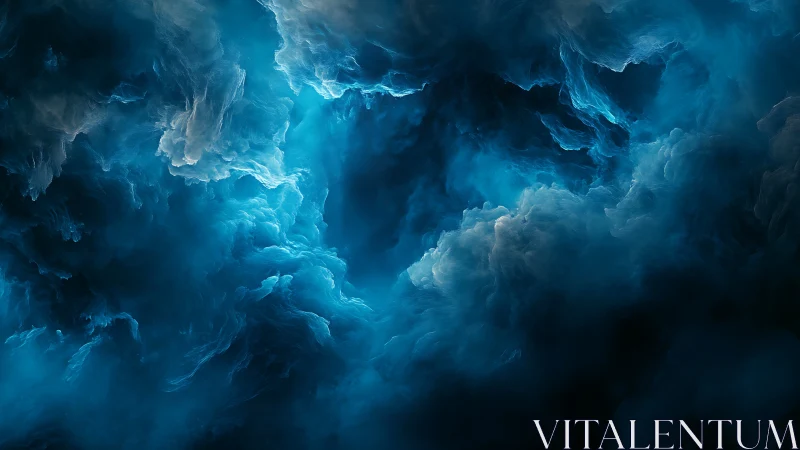 Celestial blue storm clouds swirl in a luminous abstract sky.