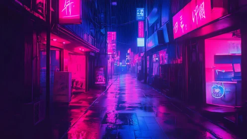 Neon rain alley glowing with electric late night quiet.