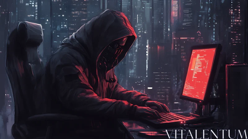 Hooded computer user in dark urban workspace at night.