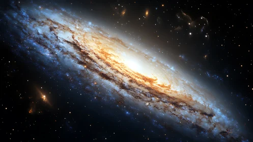 Spiral galaxy edge-on view with bright glowing star core.