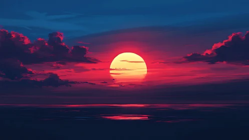 Sun melts into magenta seas, brushing clouds with neon fire