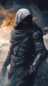 Hooded sci fi warrior in armor amid storm clouds.