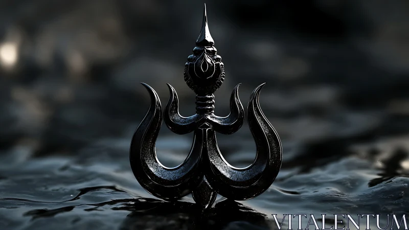 Black trishula emblem rendered with fluid metallic sheen.