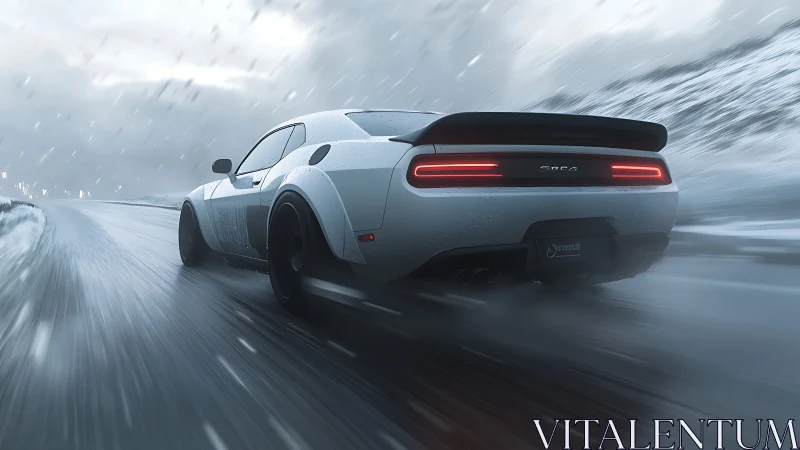 Sports coupe travels on wet mountain road in snowfall