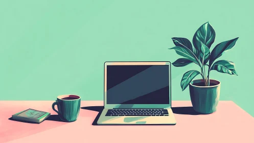 Laptop, mug, notebook and potted plant form a static layout