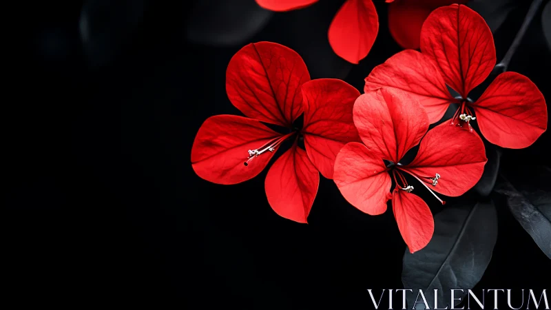 Vibrant red geranium cluster against deep black background.