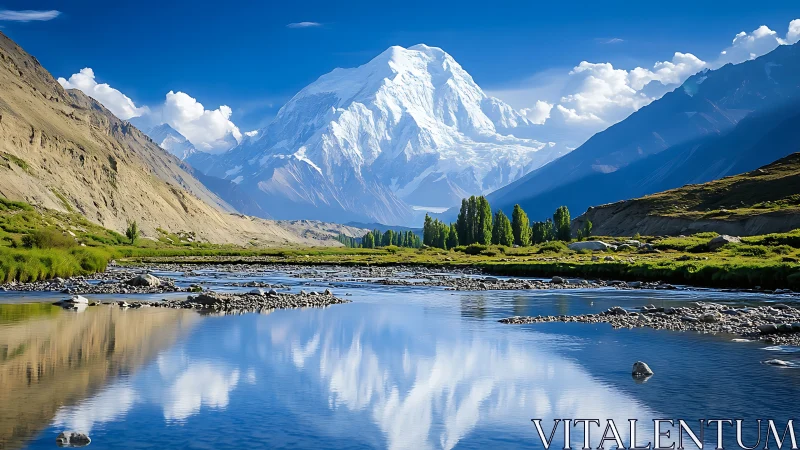 Snowy mountain peak above clear reflective river valley.