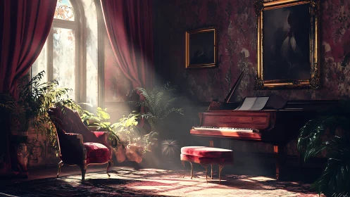 Sunlit classical music room with grand piano and armchair.