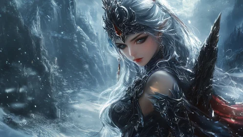 Icebound elven warlady in ornate obsidian armor, fantasy art.