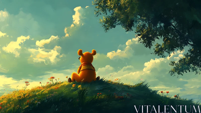 Golden bear silhouette on sunlit hill under painted sky.