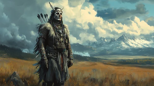 Warrior figure in fur garments overlooking open valley.