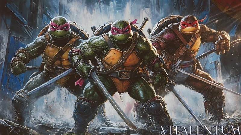 Armored humanoid turtles with swords in storm-lit urban alley
