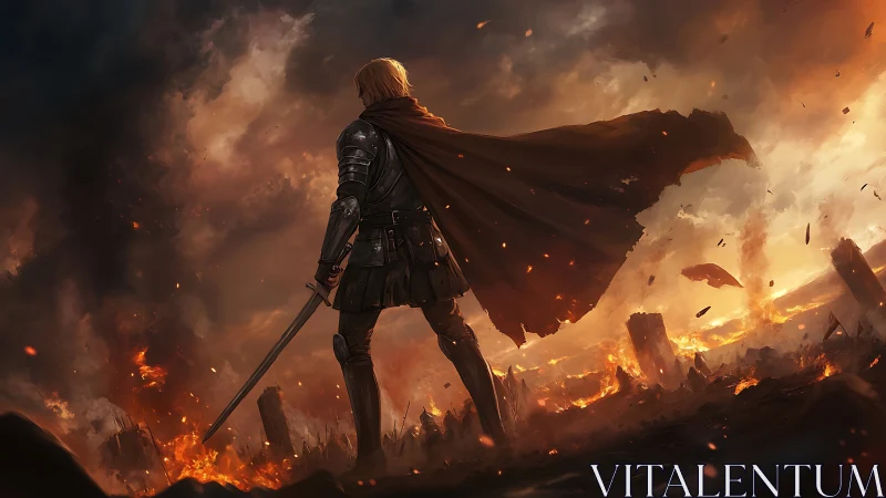 Armored figure surveys burning battlefield under stormy sky