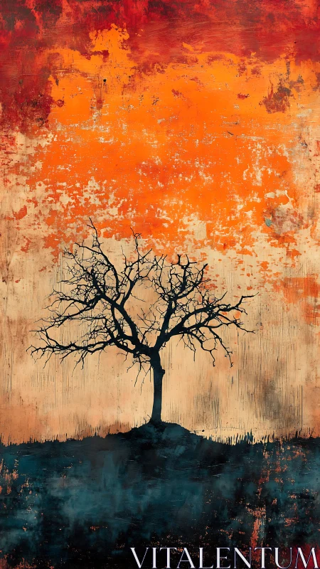 Solitary winter tree negotiates a storm of molten sky