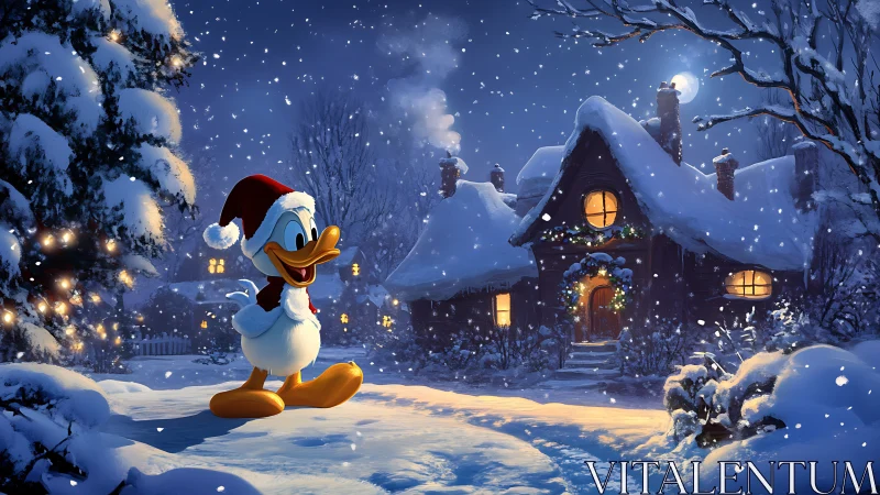 Cartoon duck in Santa hat beside snowy moonlit cottage