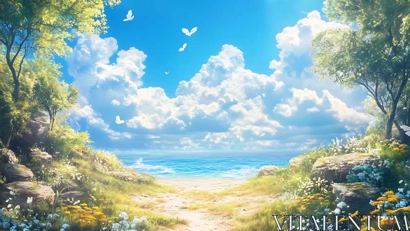 Luminous coastal glade opens toward a radiant, cloud-dense sea