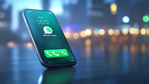 Bezel-less smartphone with VoIP call screen in night city bokeh