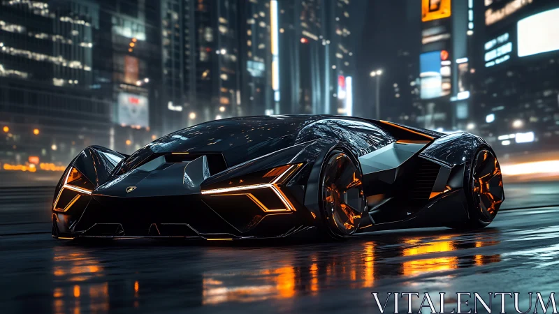 Futuristic low-profile sports car stands on wet city street