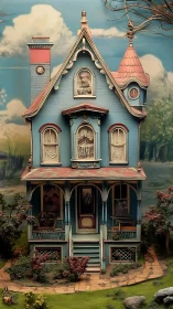 Whimsical blue dollhouse manor glows with vintage charm.
