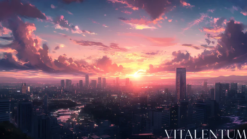 Neon city skyline under radiant anime sunset clouds.