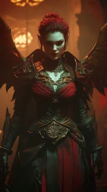 Winged demon queen stands in baroque armor under ember light