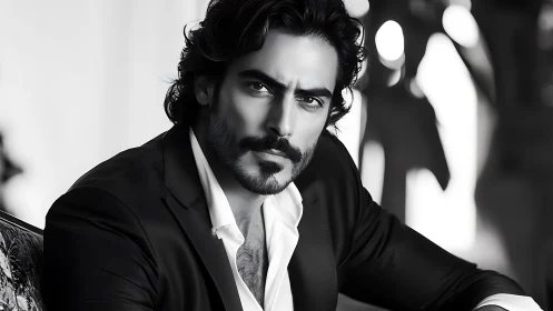 Intense black and white portrait of a confident suited man