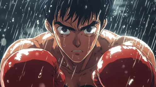 Anime boxer character in rain with determined expression