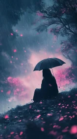 Silhouetted figure sits under umbrella in rainy pink-lit forest