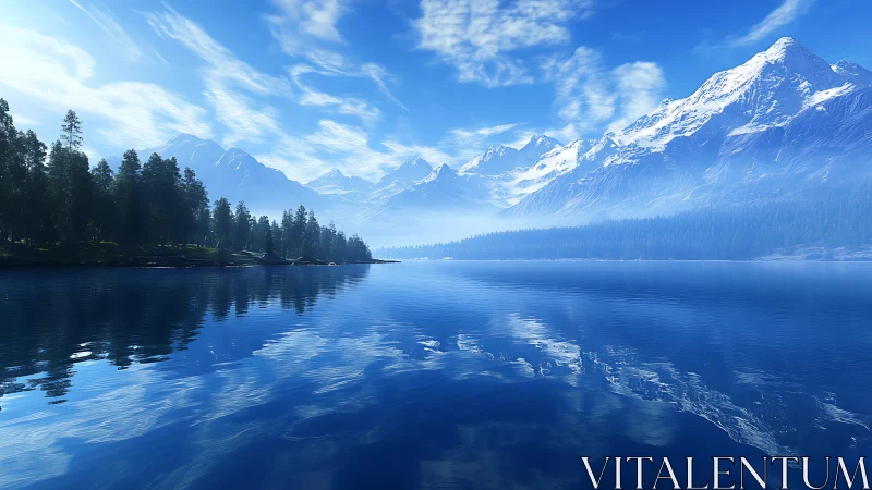 Peaceful mountain lake wrapped in soft morning blue light.