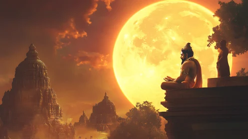 Meditating sage before giant sun over ancient temples.