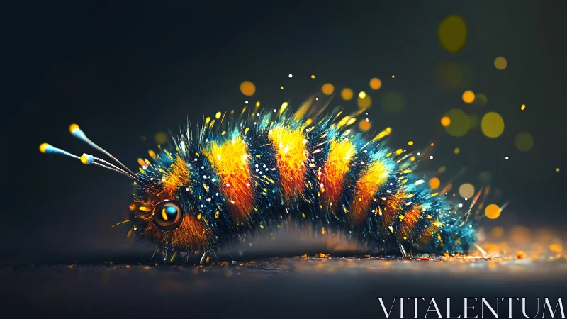 Colorful fuzzy caterpillar with glowing striped body.