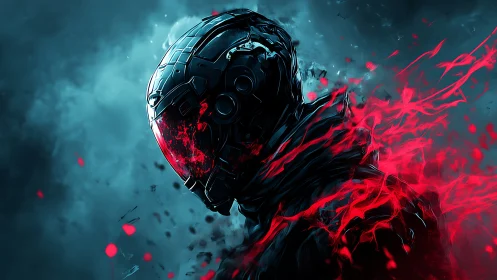 Cybernetic warrior dissolves into red energy in stormy void