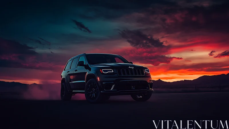 Black Jeep SUV drives on open road at vivid sunset sky