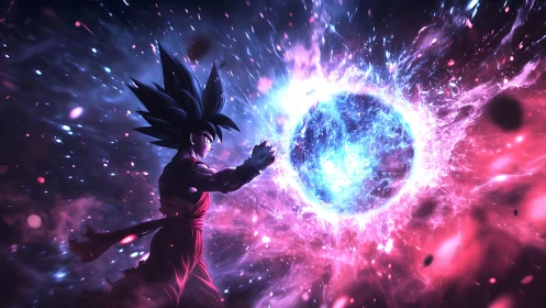 Fiery anime warrior channels a swirling cosmic power sphere.