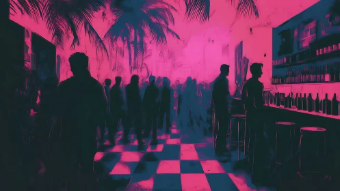 Neon nightclub bar with silhouetted crowd and palms.
