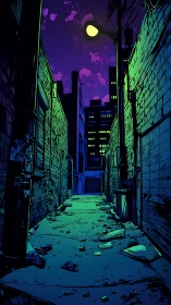Neon-lit urban alleyway rendered in high-contrast cyber-noir ink