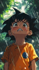Crying anime boy in orange shirt standing in heavy rain.