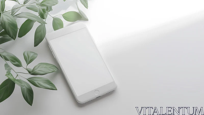 Minimalist Whisper: White Phone Meets Verdant Botanical Grace.
