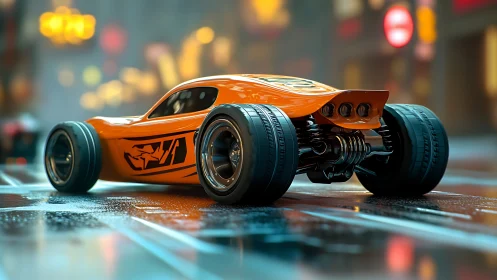 Orange concept street car on wet urban roadway at night.