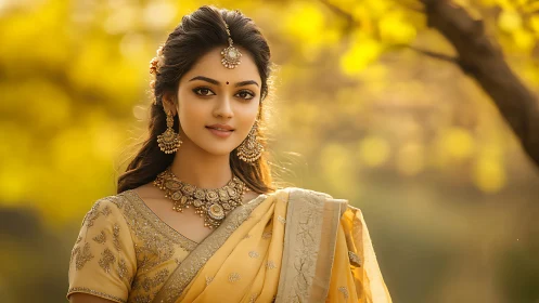 Photorealistic portrait of woman in golden saree, bokeh background